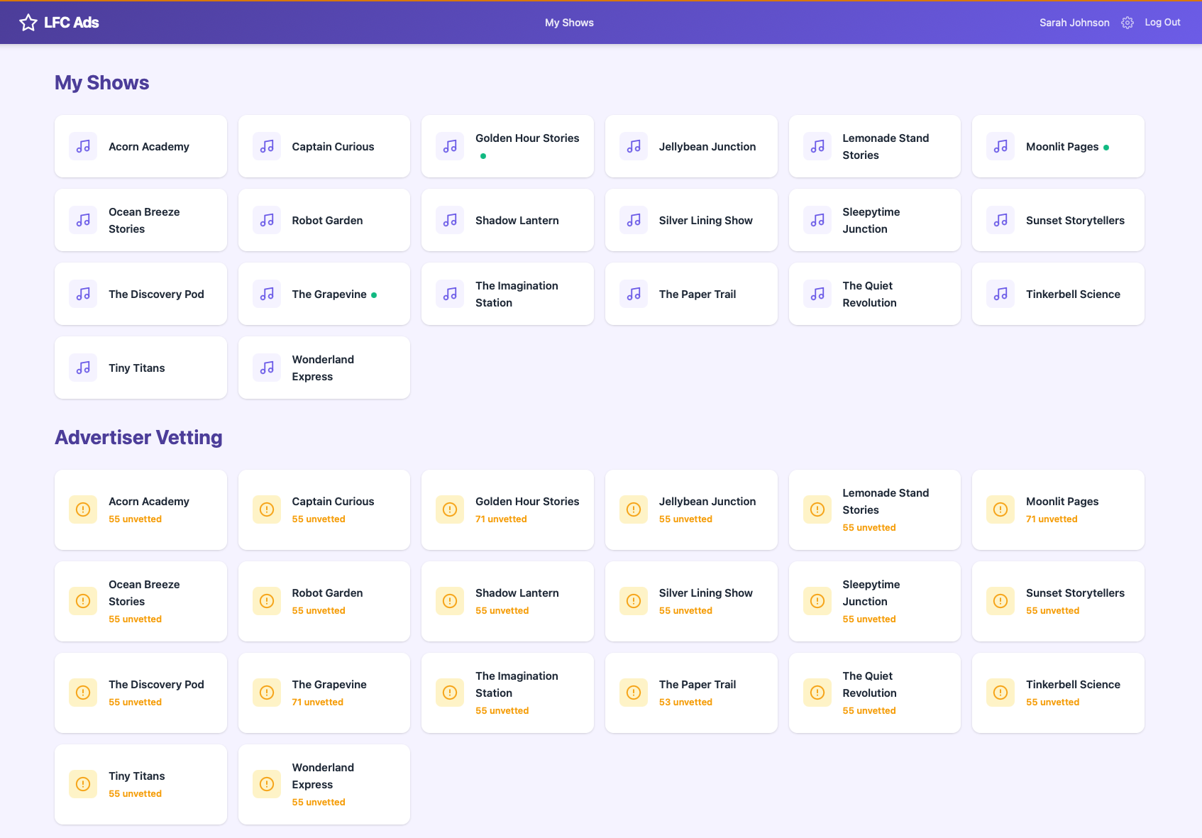 Host dashboard with show tiles